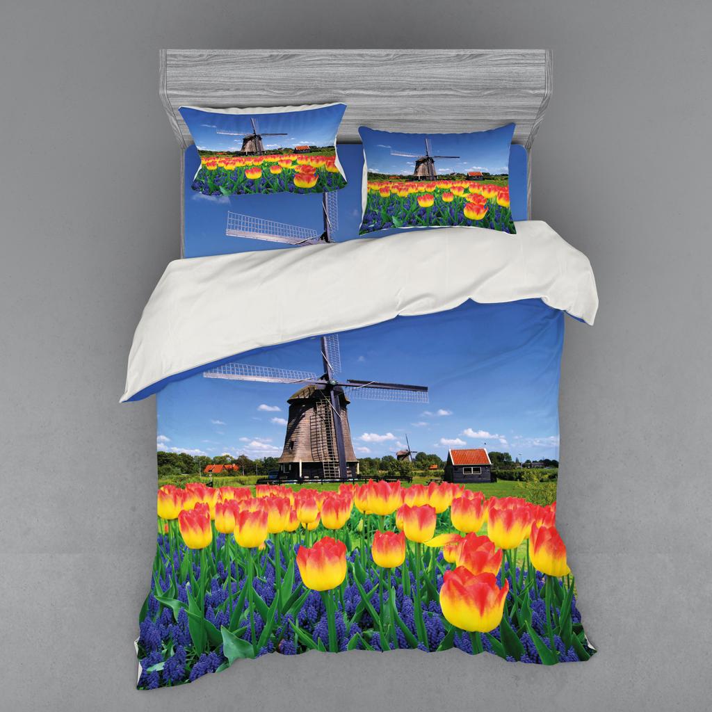 Windmill Duvet Cover Set Farmhouse Style 2/3pcs Bedding Set, Queen/King/Full/Twin Microfiber Quilt Cover for Girls Boys Bedroom