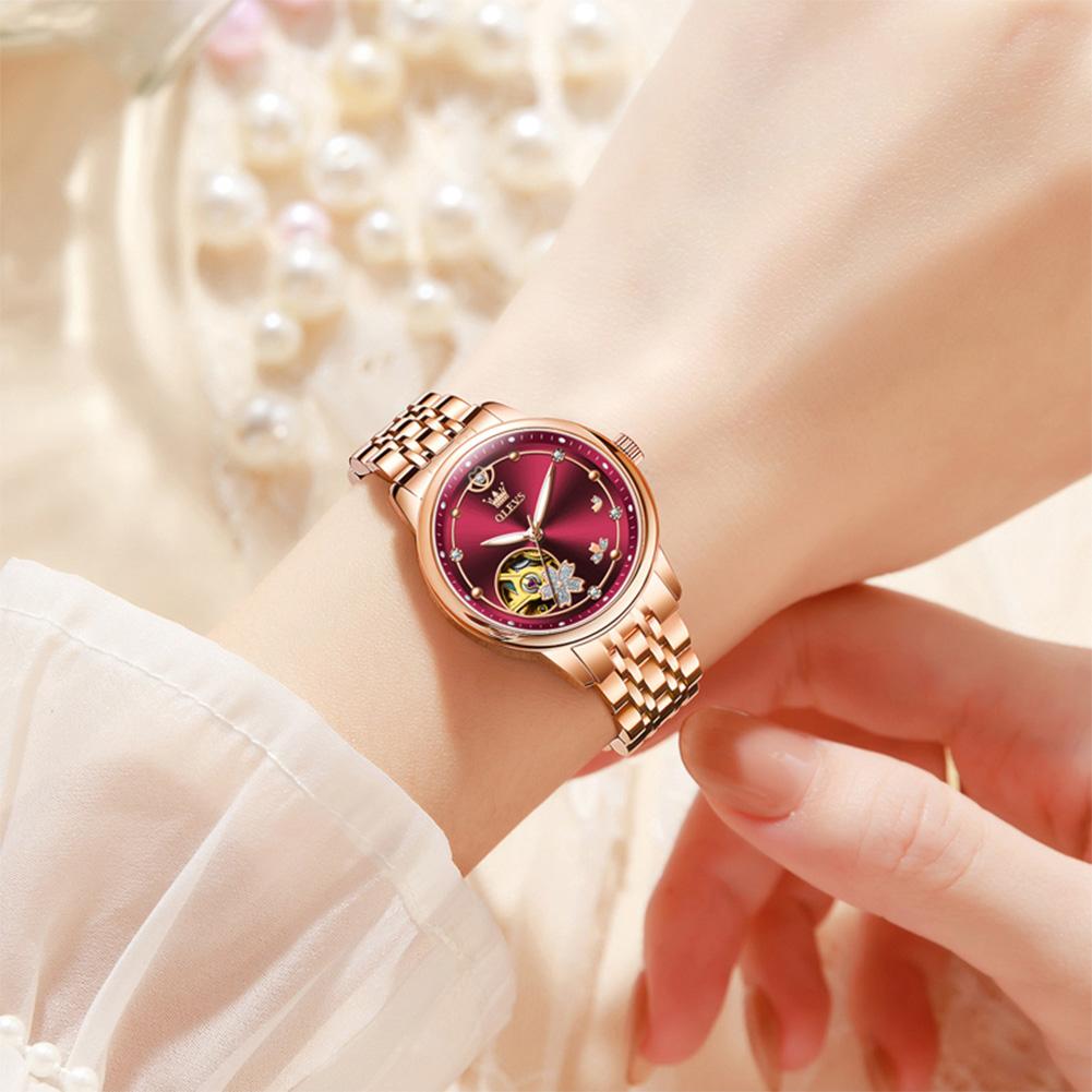 Rose Gold Wine Red Luxury Casual Ladies Wristwatch Waterproof Automatic Mechanical Woman Watch Elegant Fashion Women's Watches