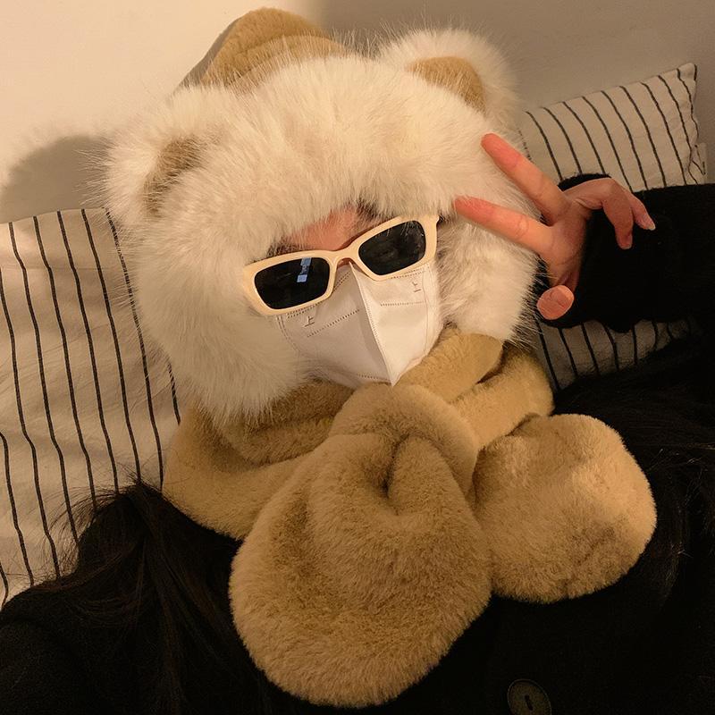 

Зимняя милая плюшевая шапка-шарф с медвежонком, женская универсальная теплая флисовая подкладка, милая грелка для шеи one size коричневый