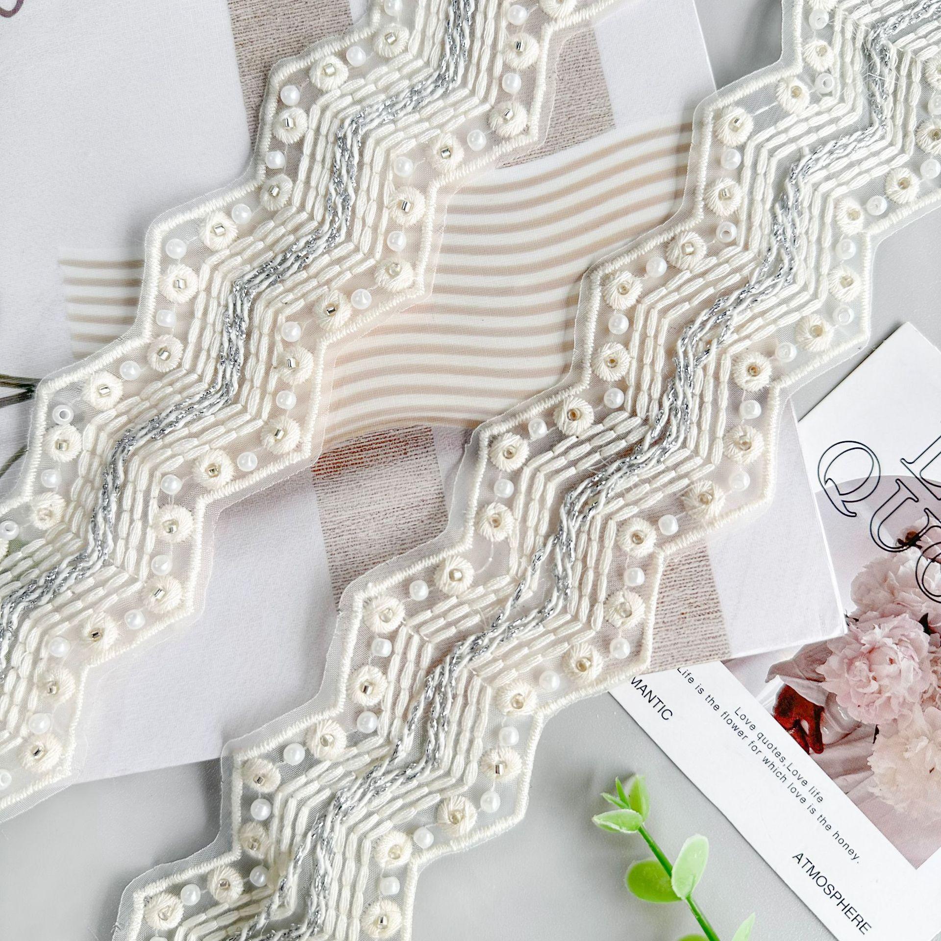 

4Cm Bead Embroidery Wave Barcode Lace Clothing Dress Window Decoration Luggage Clothing Decoration Lace Accessories T3184 silver one size