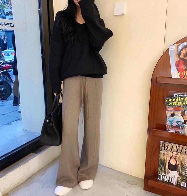 Solid color studio high waist drape knitted pants loose and thin straight casual wide-leg pants women's grandma pants