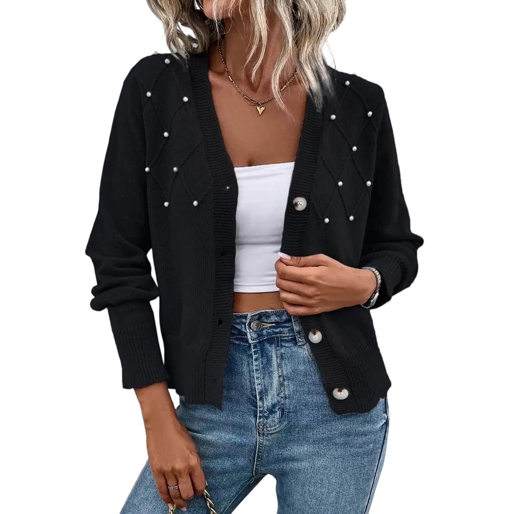 Women's Casual V-Neck Single-Breasted Long-Sleeved Knit Cardigan Long-Sleeved Knit Cardigan Top