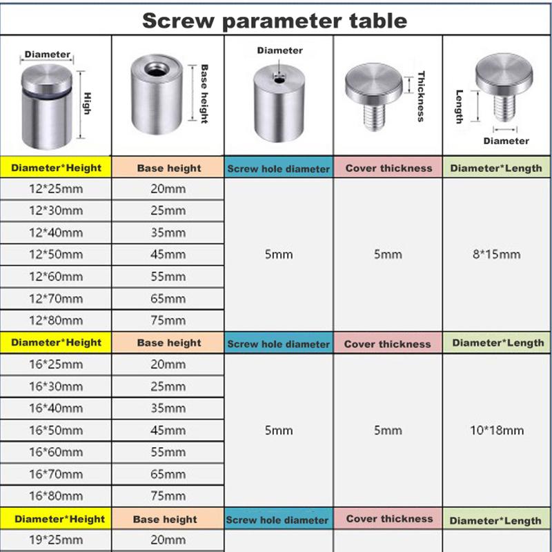 20pcs Advertising Nails 12x20/25/25mm Stainless Steel Screws for Wall Mount Glass/Acrylic Sign Standoff Fixing Screws Hardware