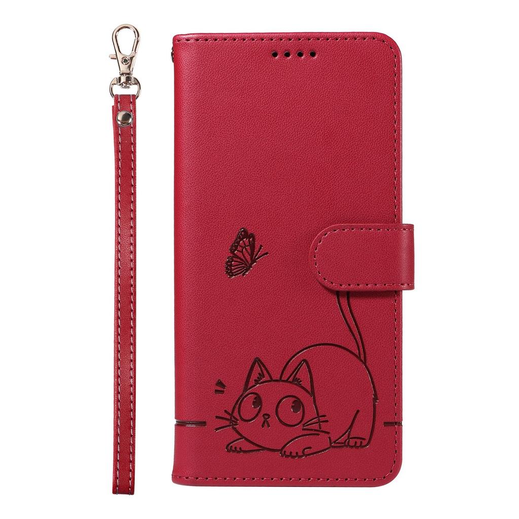 Leather Wallet Flip Case For OPPO A57S A77 A15 A15S A16 A16S A54S A17 A96 4G 5G Cat and Butterfly Embossed,Wrist Strap