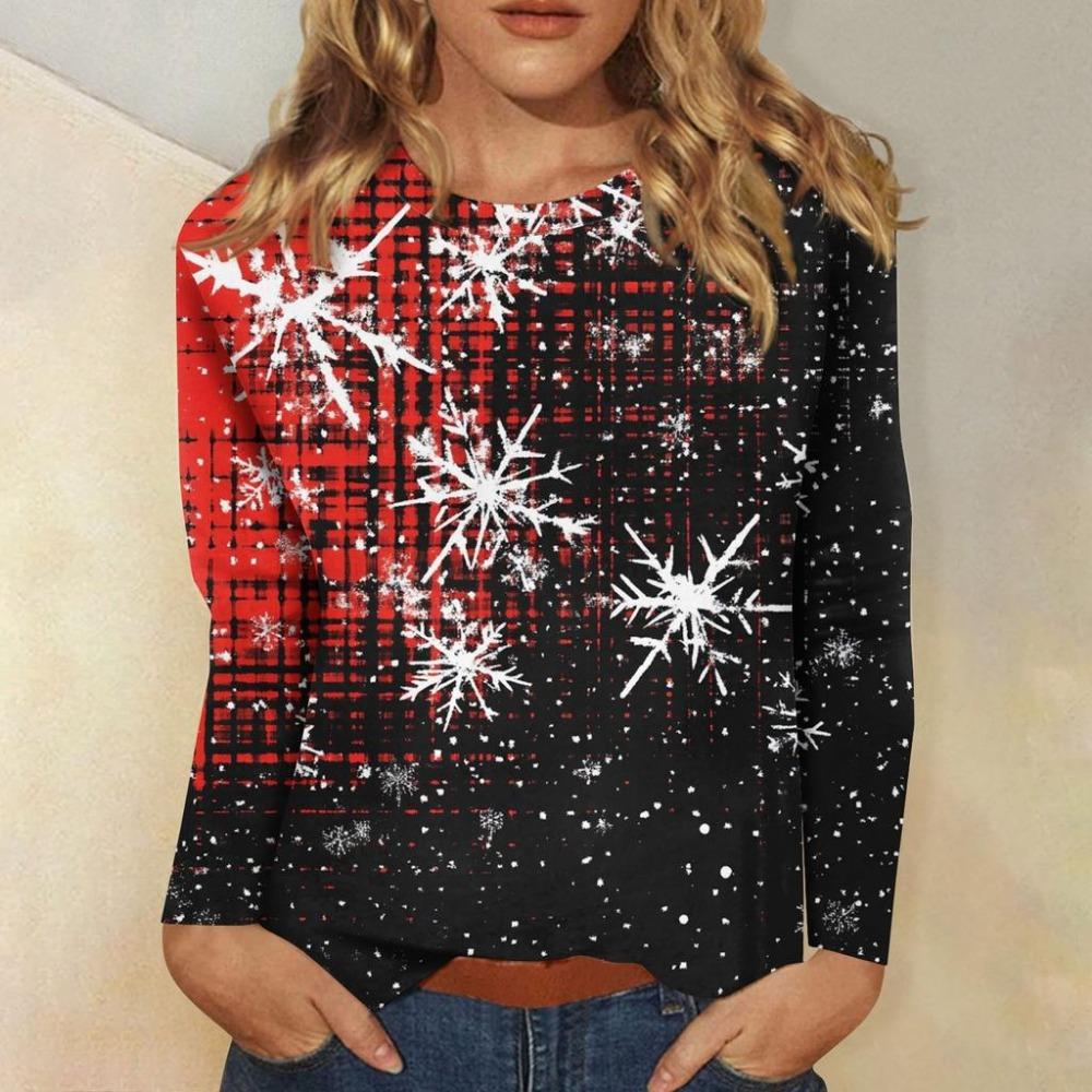 3D Christmas Snowflake Gradient Print Round Neck Long Sleeve T-shirt Casual Long Sleeve Top Party Loose Women's Top