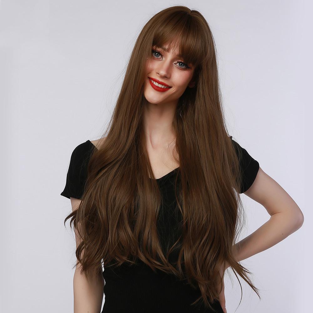 Heat Resistant Wig Long Natural Wave Dark Brown Bangs Suitable for Women s Daily Summer Ventilation