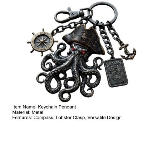 Pendentif Porte-clés avec Boussole Fermoir mousqueton Style Pirate Pendentif en métal Texture Oxydation Vieillie Design Œil Rouge Forme de Poulpe Porte-clés