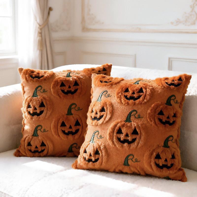 Niedliches Geister-Besticktes Kürbis-Plüschkissenbezug Halloween Dekorative Kissenhülle für Zuhause Sofa Schlafzimmer Stuhl Festliche Dekoration