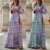 Women Autumn Bohemian V-neck Long Sleeve Mid Length Dress