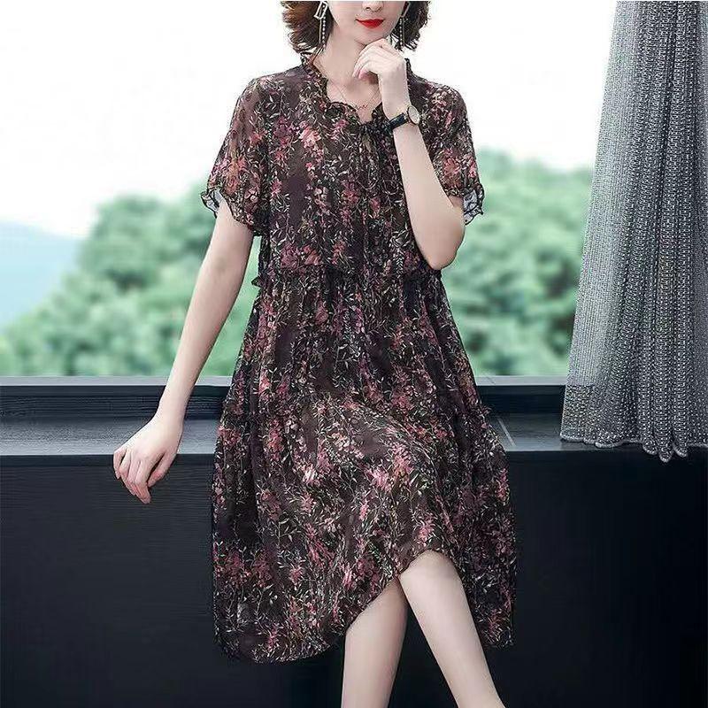 Summer Floral Dress Women's Plus Size Dress Mesh Long Chiffon Printed Dress