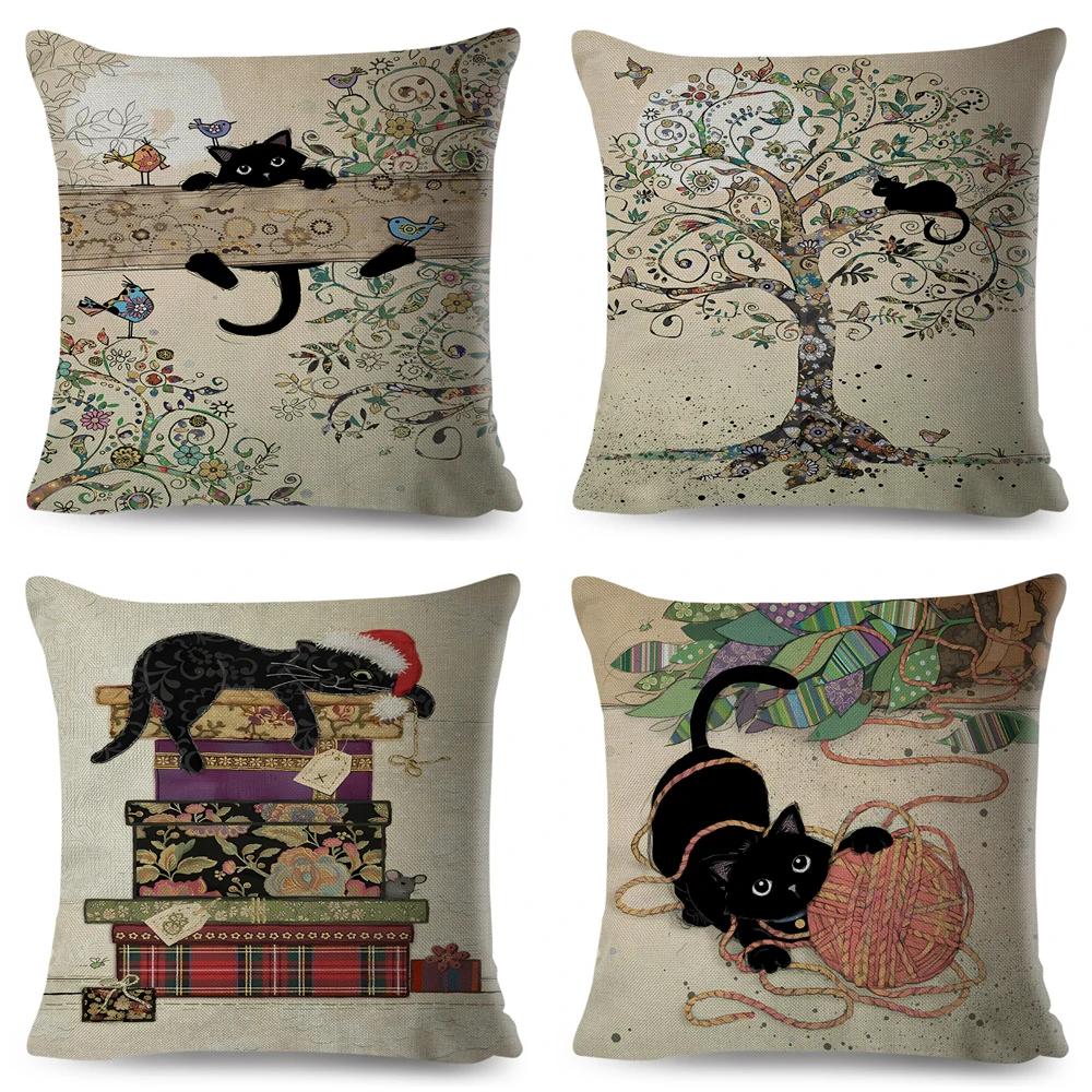 Cute Elegant Black Cat Cushion Cover Double Print Decor Cartoon Animal Pillow Case for Sofa Home Car Linen Throw Pillowcase