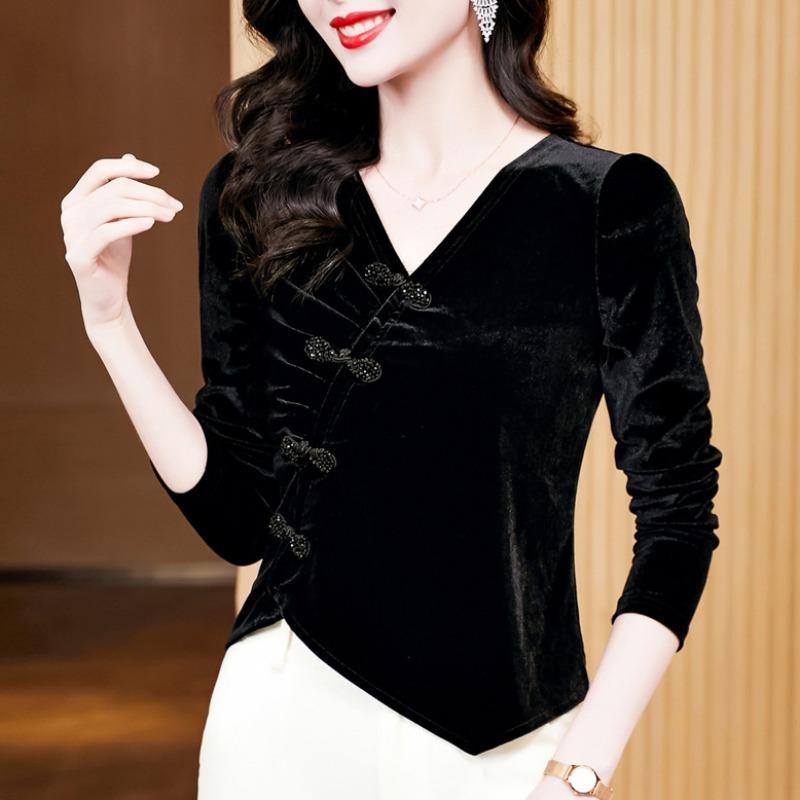 Neuer Herbststil Modisch und Einzigartig V-Ausschnitt Retro Literarisch Schnalle Langärmlig Kurzes Samt-Basisshirt für Damen