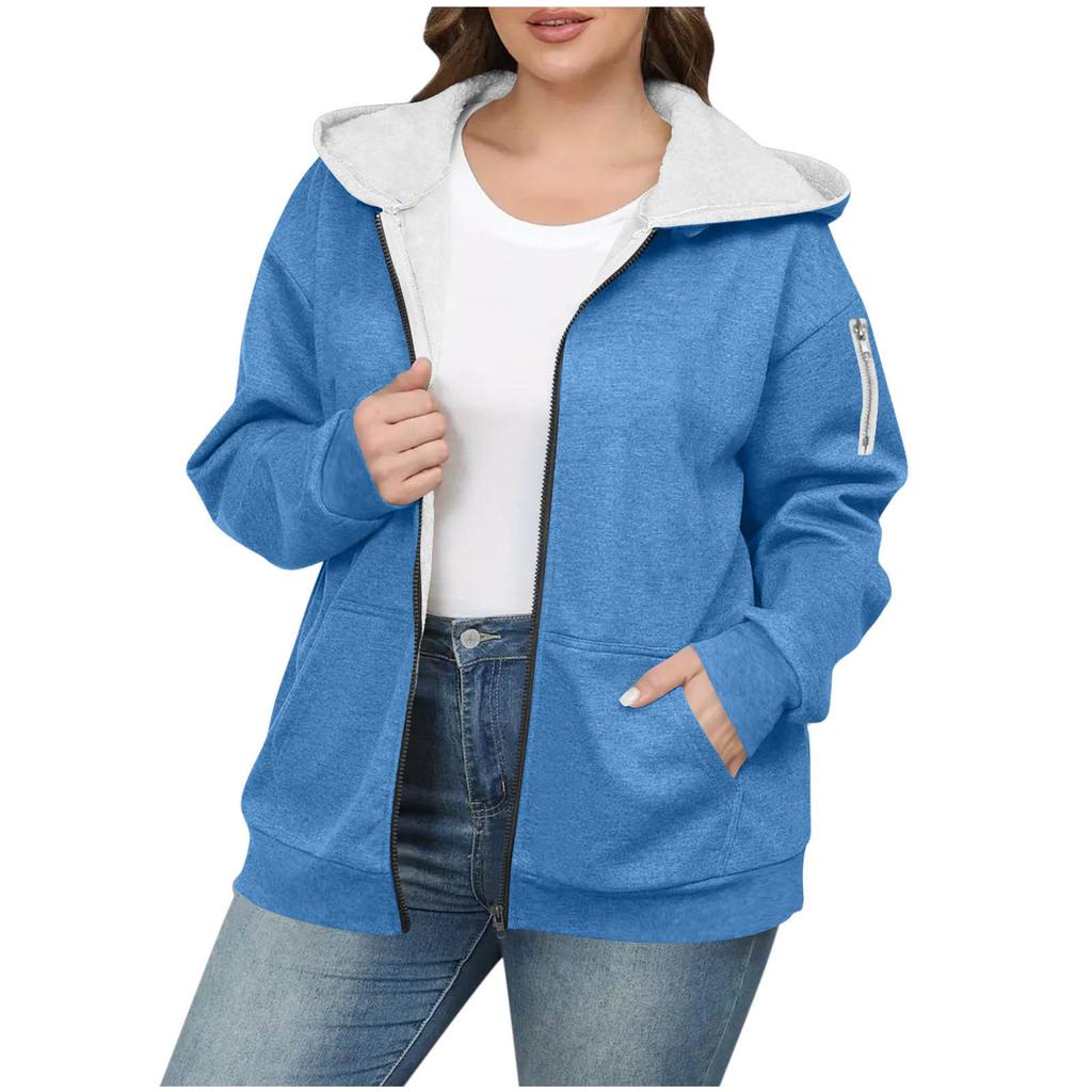Women's Loose And Comfortable Zipper Hooded Solid Color Plus Size Jacket