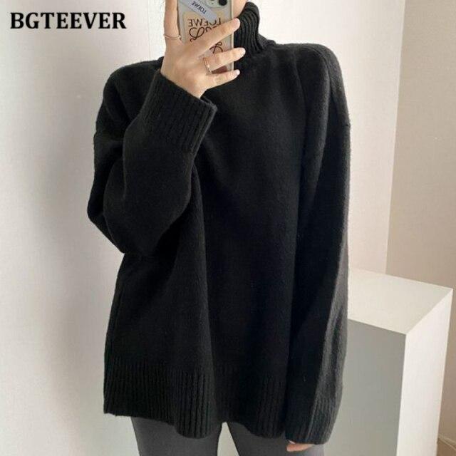 

Элегантные однотонные свитера с воротником для женщин, повседневные женские вязаные пуловеры с длинным рукавом и разрезом спереди, осень-зима 2023 One Size чёрный
