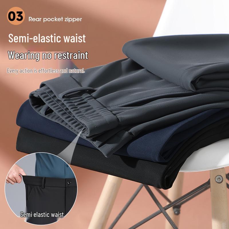 Men's Elastic Milk Silk Fleece-lined Business Casual Pants for Autumn/Winter