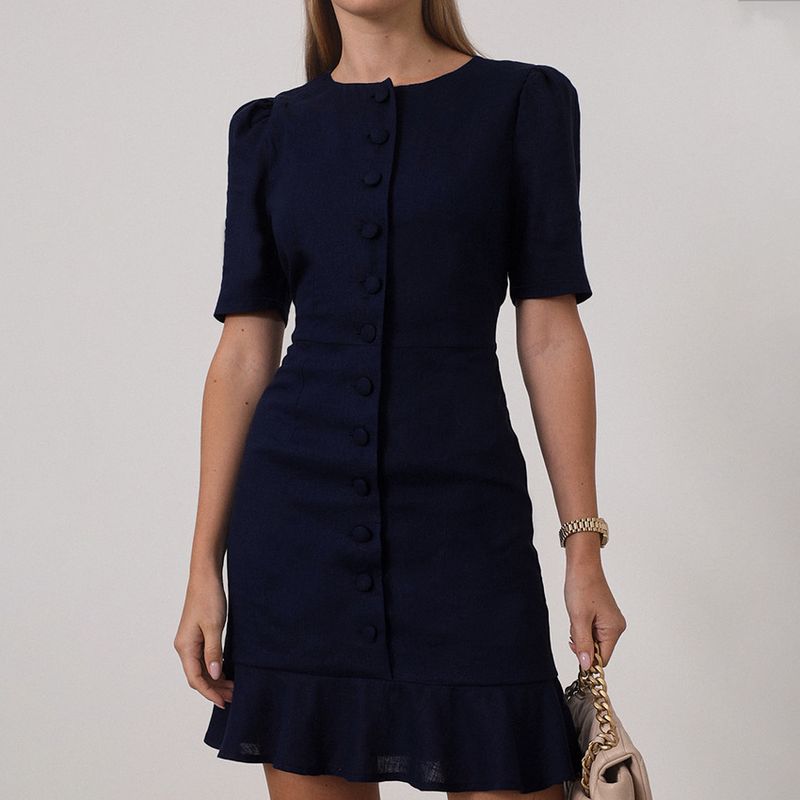 

2025 Summer New round Neck Casual Frill High Waist Dress Women Design Temperament Fashion Commuting European and American Blue L