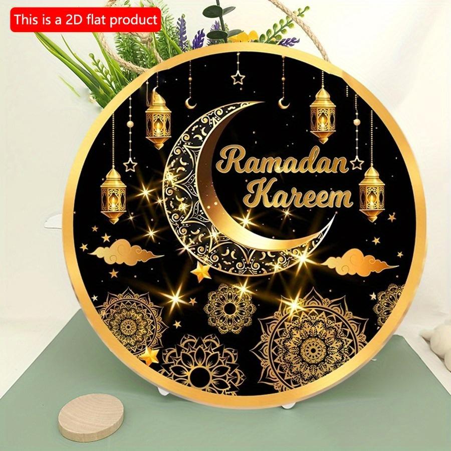 2D flach 20*20cm 1 Stück Ramadan Kareem Goldene Mond&Laternen Muster Schöne Islam Muslimische Partyzubehör, Geeignet zum Aufhängen an der Decke Runde Holzornament