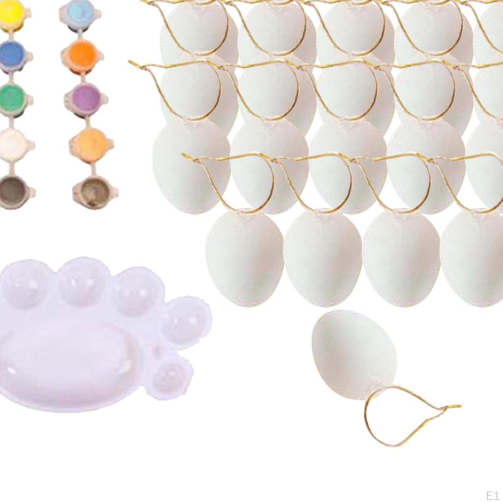 20 Pieces White Easter Eggs Paintable Toys with Rope, Paintbrush And Acrylic Paint for Preschool