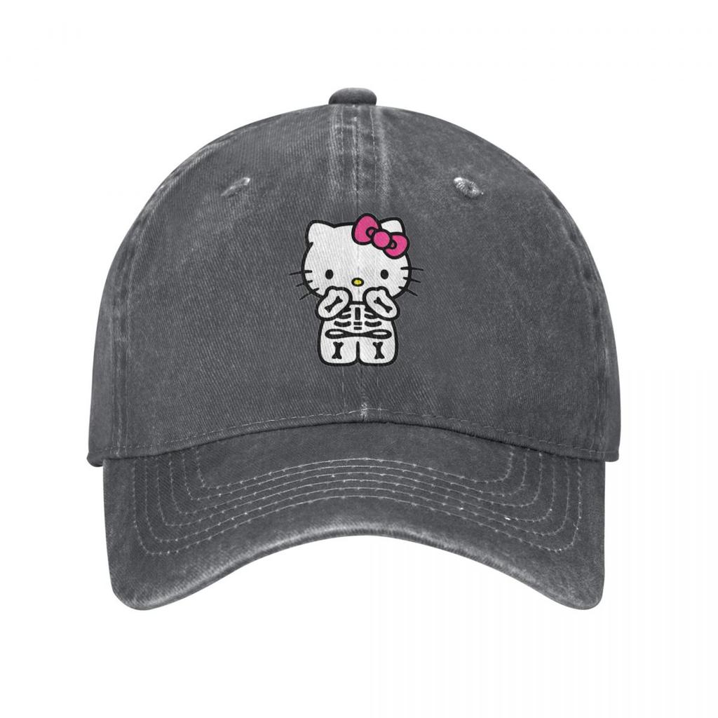 Skeleton Kitty Hellokitty Kawaii Cat Japanese Cartoon Baseball Caps Denim Washed Caps Hat Retro Outdoor Travel Gift Cap
