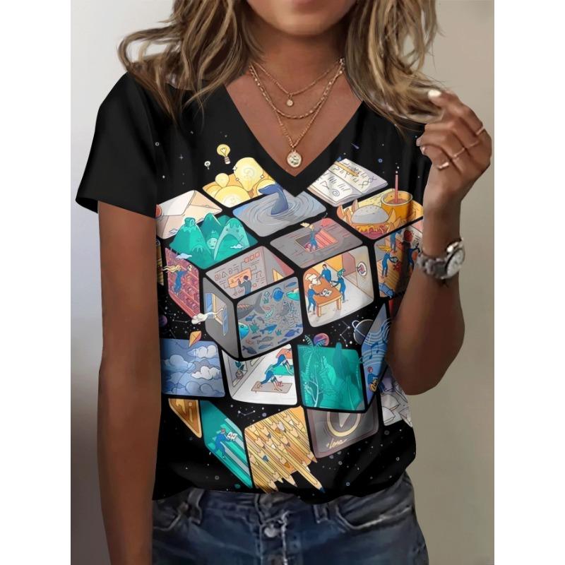 Women's summer casual V-neck short-sleeved T-shirt, with fashionable 3D print, suitable for outings or at home