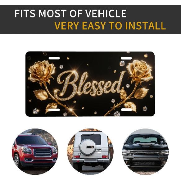 Gold Rose Blessed Front License Plate for Women Car Vanity Plates Decorative Aluminum Metal Cute Novelty License Plate Cover for Men 6x12 Inch (4