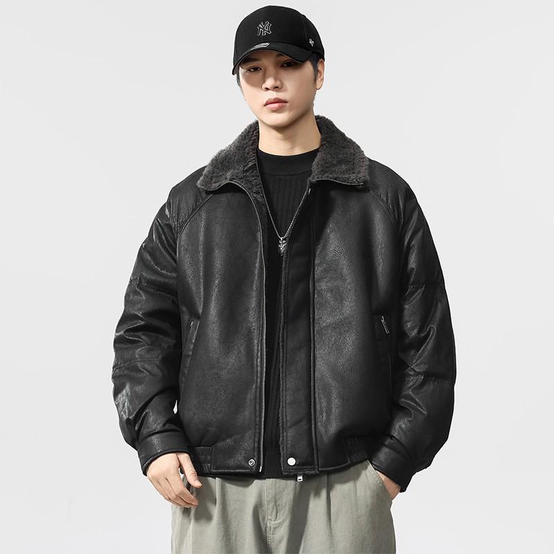 

Men s 2025 Retro Lambswool PU Leather Jacket, Winter Plus Velvet Warmth, Cotton Padded Trendy Style 2XL fits 160-180 jin чорний