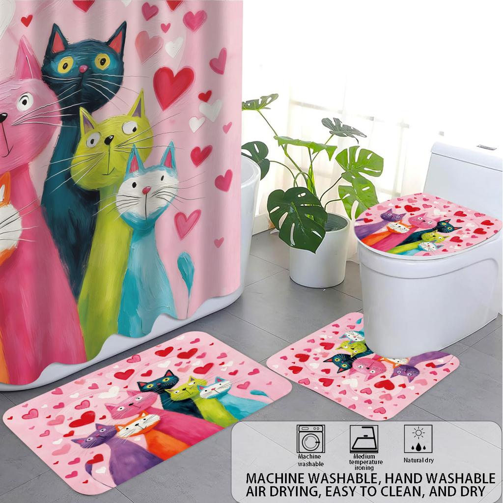 4 Valentine's Day Romantic Love Cartoon Cat Print Bathroom Set 180x180 Waterproof Shower Curtain Floor Mat U-shaped Toilet Mat