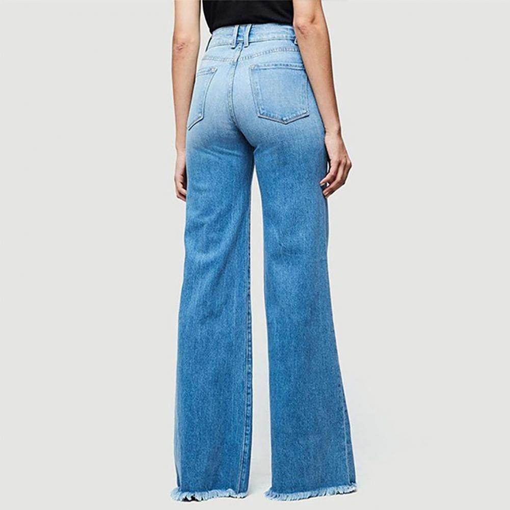 Damen Jeans mit weitem Bein und Quaste, modische Übergröße, Slimming Fit, ausgestellte Jeanshose, mittelhohe Taille, Schlagjeans, Streetwear