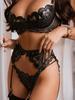 Women's Mesh Embroidery  Outfits Sexy Low Cut Bra with Thong Garters Belt Babydoll Sleepwear Ladies Exotic Sets