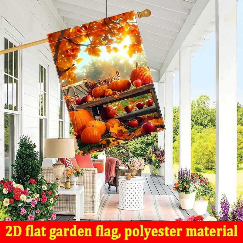 2D Flat - 2D Flat, Garden Flag 1pc Thanksgiving Harvest Theme Autumn Pumpkin Bench Pattern - Double-Sided Garden Flag, Outdoor Decoration, Lawn, Flag