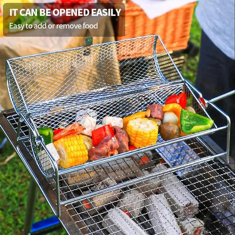 Stainless Steel BBQ Grill Rotisserie Basket, Rolling Mesh Cage for Chicken Roaster, Outdoor Camping Cooking Accessories