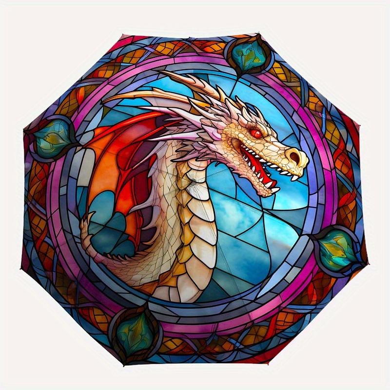 Stained Dragon Window Panel: Colorful Fantasy Art for Home DecorUmbrella, Portable 3-Fold Compact Umbrella,Christmas Gift ES472