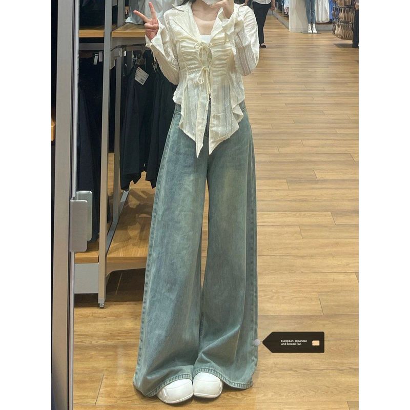 

Plus Size Retro High Waist Wide Leg Denim Women s Fall 2024 New Design Sense Straight-leg Loose Mop Pants Retro Blue XL [Suggested 60.00 kg-67.50 kg]]
