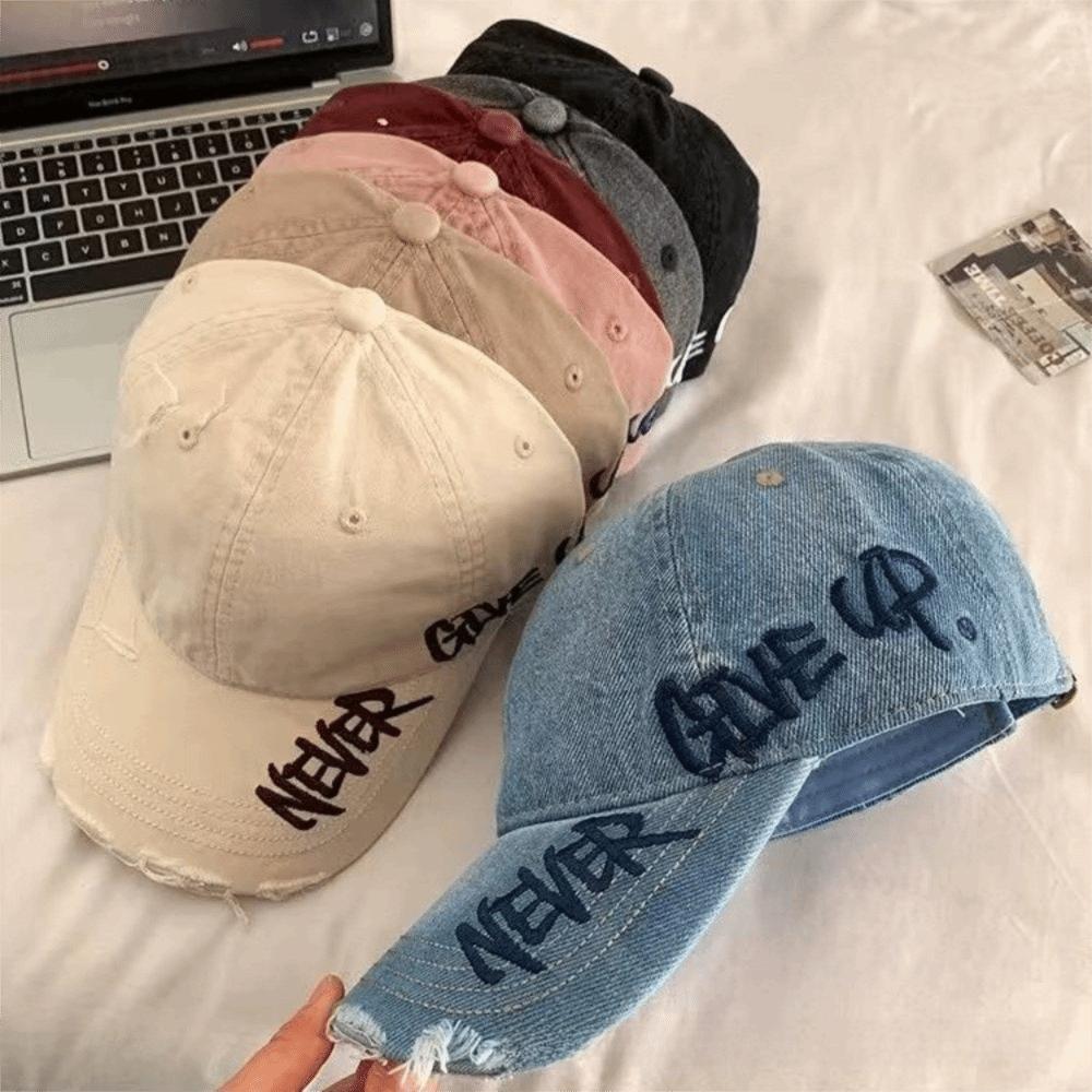 Casual Washed Cotton Baseball Cap Embroided Letter Adjuatable Sunscreen Hat Denim Hole Duckbill Cap Women Men