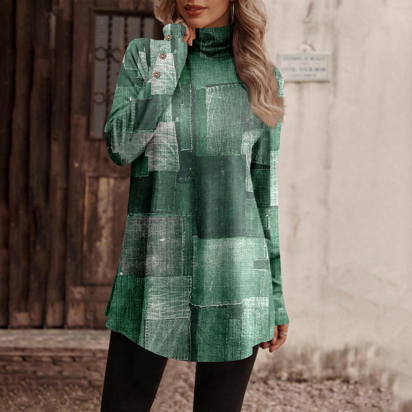 

Водолазка на пуговицах для женщин, повседневная водолазка с длинным рукавом, модная рубашка с принтом, топы, футболка, пуловер на пуговицах XXL армия зеленый