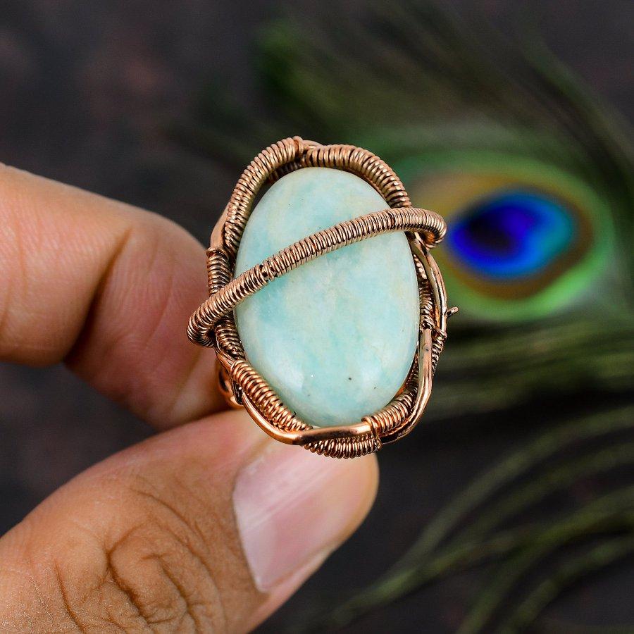 Natural Amazonite Gemstone Handmade Copper Wire Wrap Gift Ring Size 8 Z8Y72