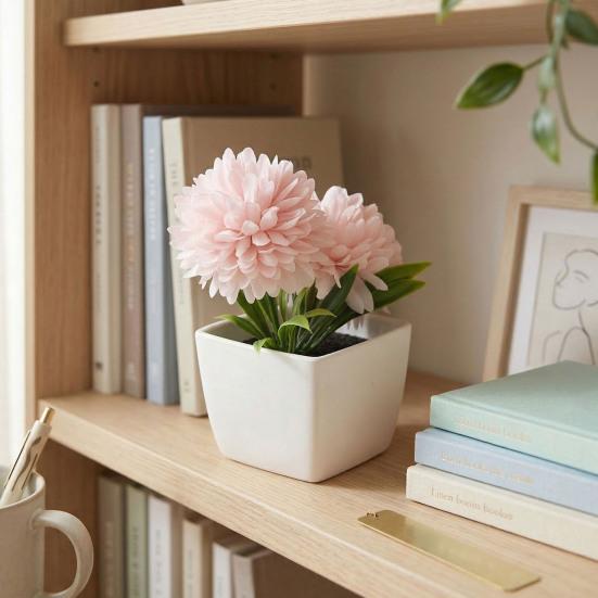 Fake Chrysanthemums Ball Flower In Pot Mini Artificial Potted Plants for Home Indoor Office Farmhouse Table Decor