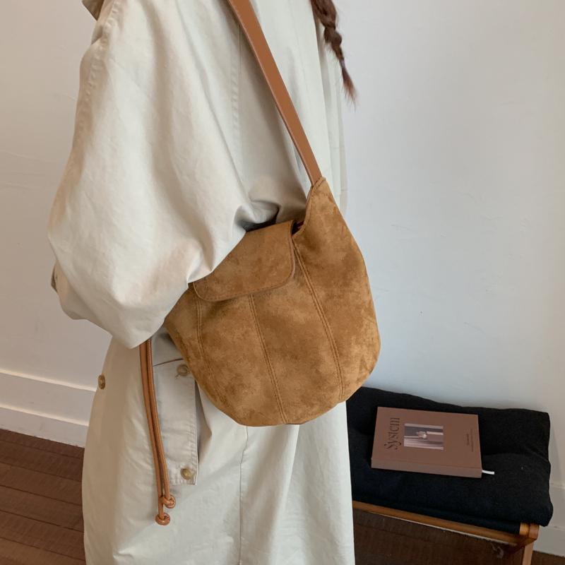 PU Suede Bucket Bag Women's Crossbody Shoulder Tote with Drawstring Closure Fashion Mini Handbag