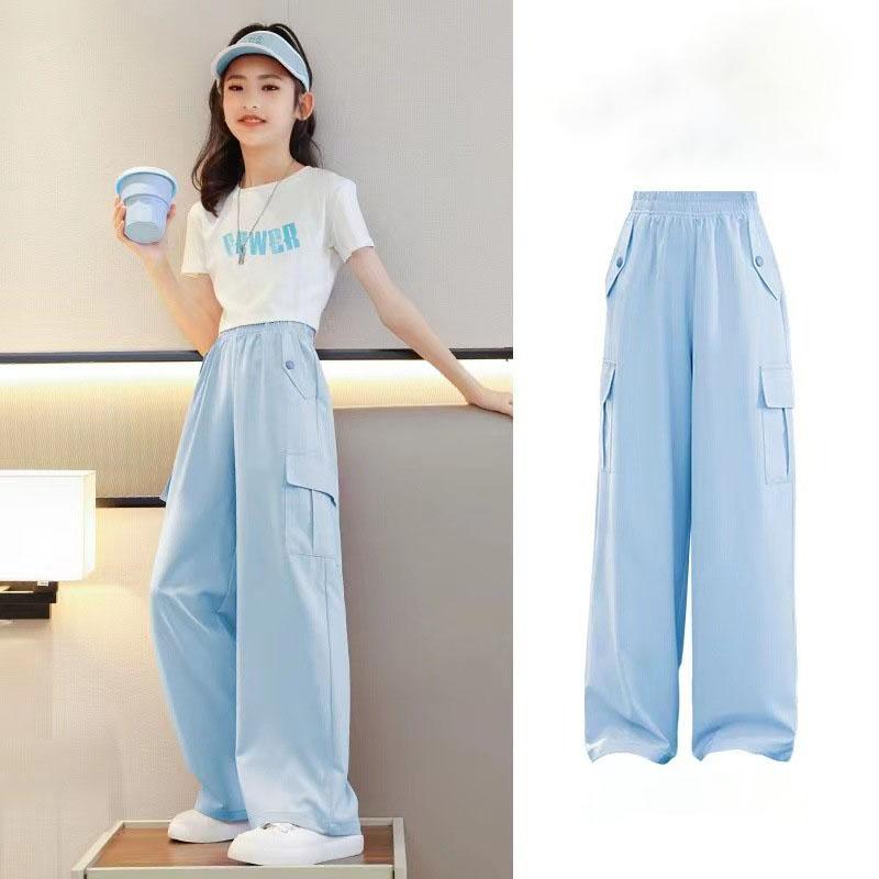 

Летние длинные брюки для девочек, свободные, простые, подростковые, одежда для дома 140 синий