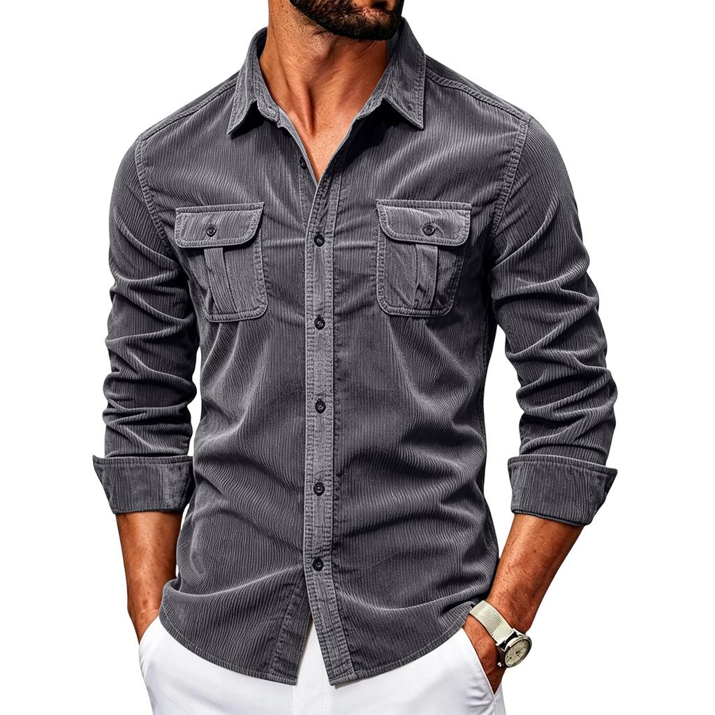 Men's Corduroy Shirt Slim Fit Long Sleeve Button Down Casual Business Shirt Two Chest Pockets Classic Collar Soft Fabric