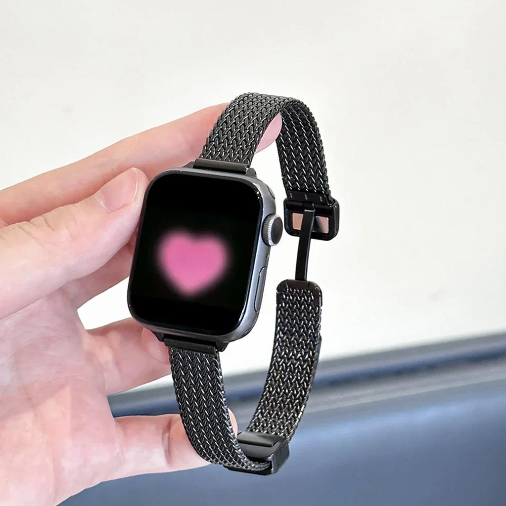 Magnetic Folding Loop Band For Apple Watch 9 8 7 41mm 45mm Slim Women Stainless Steel Strap For Iwatch SE 6 5 4 40/44mm 38/42mm