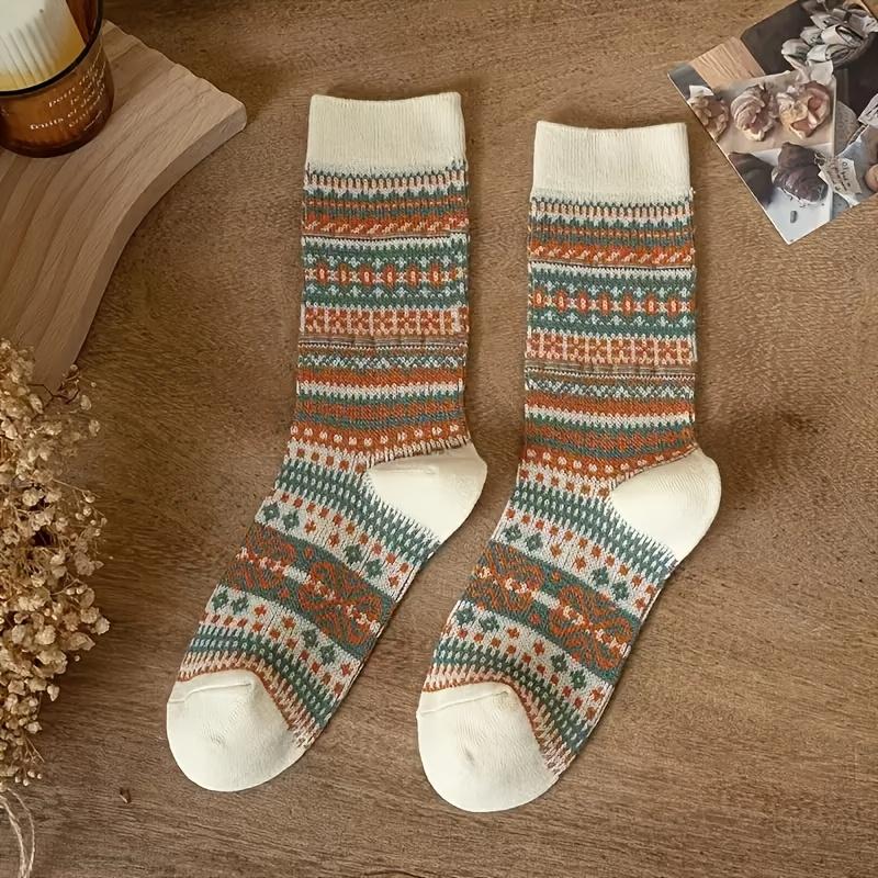 [7 Pairs Thermal Socks] 7 Pairs Women's Thermal Socks | Soft, Warm, Mid-Calf Length, Ethnic Geometric Pattern | Hand Wash Only, Casual & Formal Wear