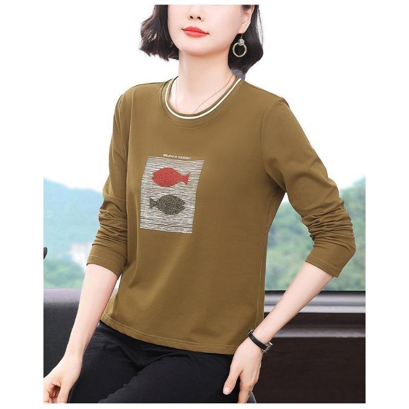 Autumn New Middle-aged and Elderly Mothers Hot Diamond Loose Bottoming Long-sleeved Trendy T-shirt Tops for Women