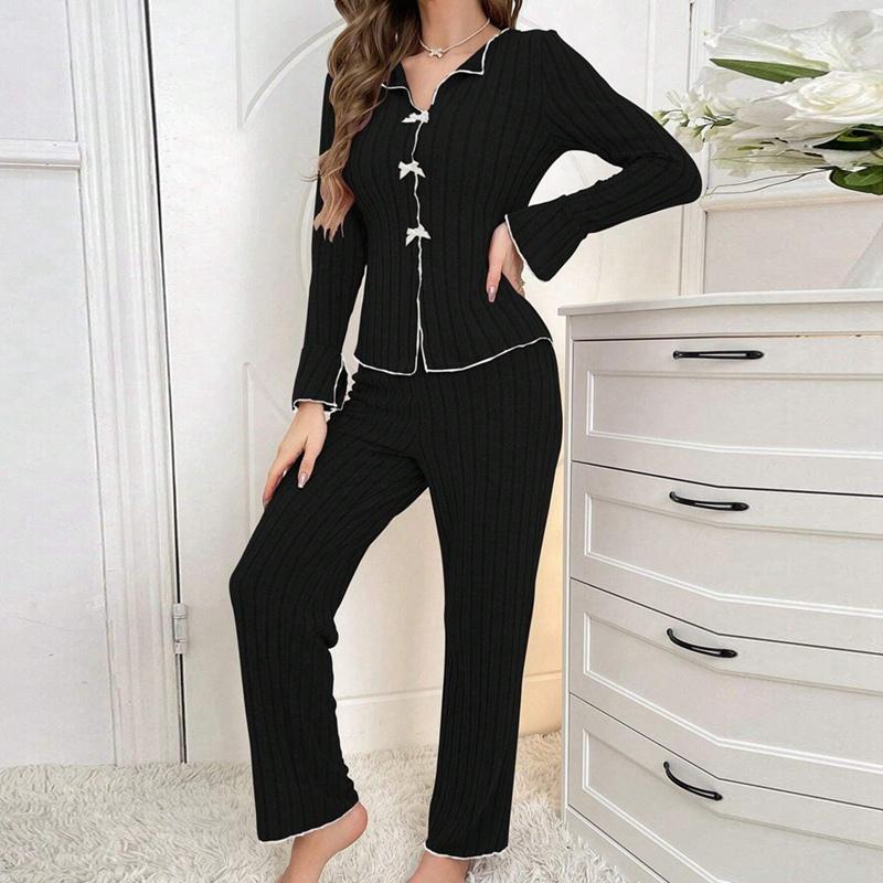Damen Revers Schleife Langarm Oberteil und Hose Pyjama Anzüge Loungewear Sets