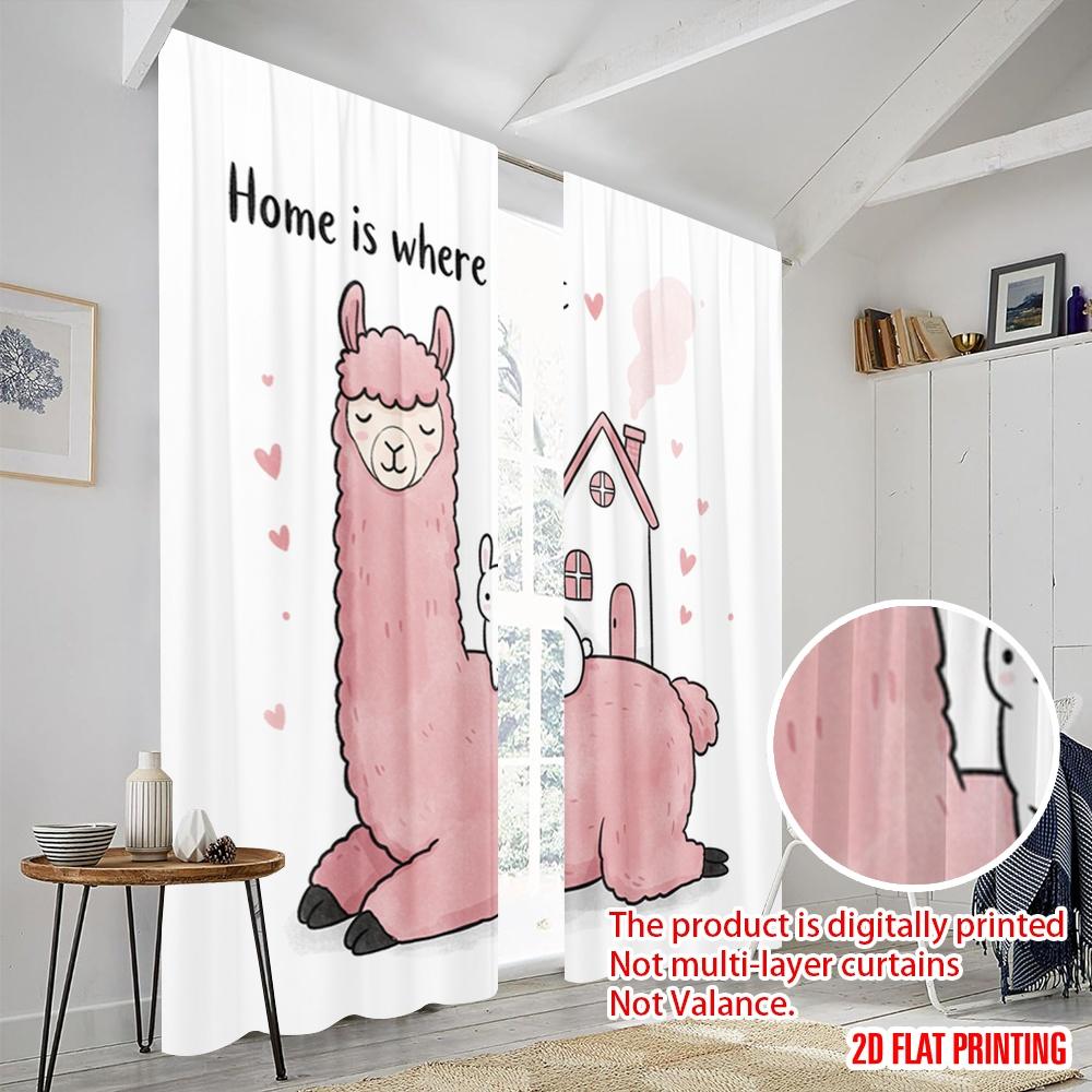 2 Stück 2D Flachdruck Szene Vorhang Lama Haus Herz Stoff Ohne Strom Festliche Wanddeko Perfekt für Feiertagsparty