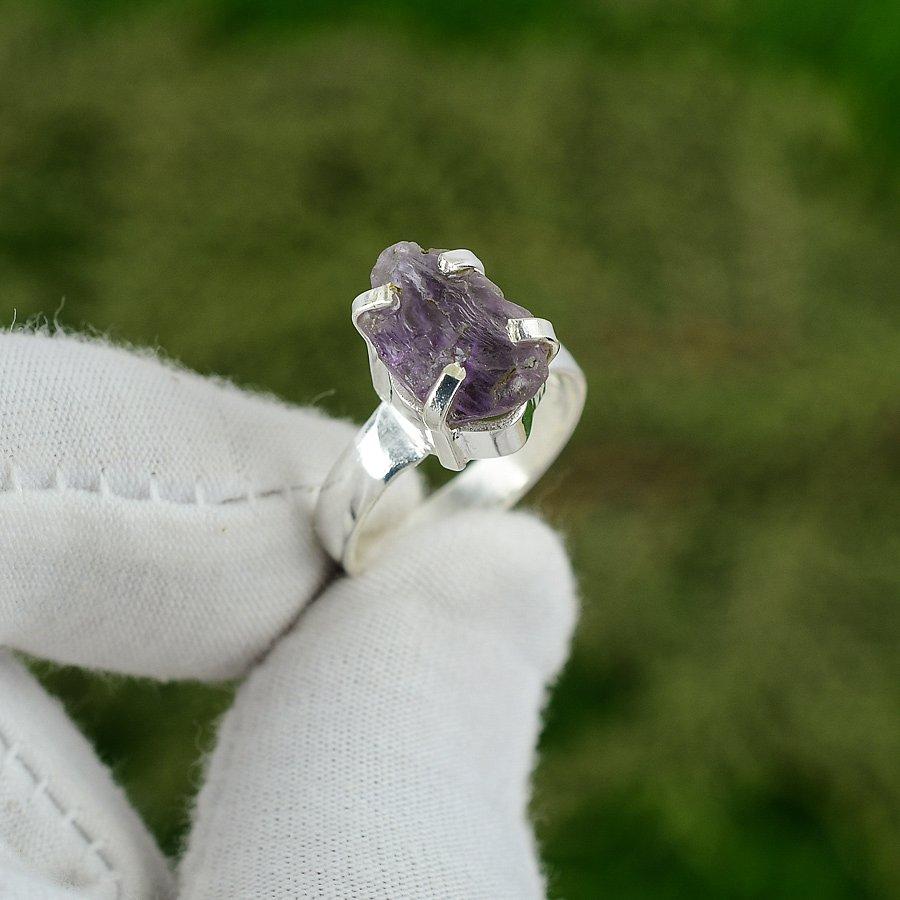 Natural Amethyst Rough Gemstone Stackable Ring Size 6.75 925 Silver For Girls 6.75