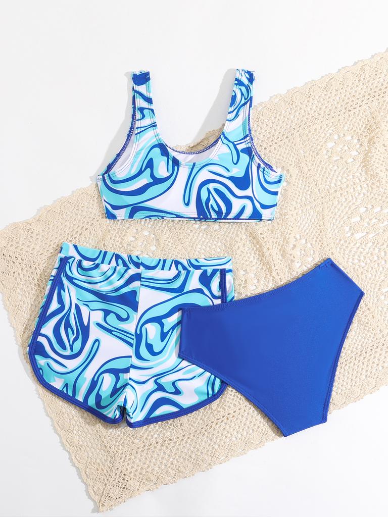 Mädchen 3-teilige Bademode mit Blumendruck, Bikini-Set mit Rüschen, Badeanzüge, Sommer, Strandkleidung