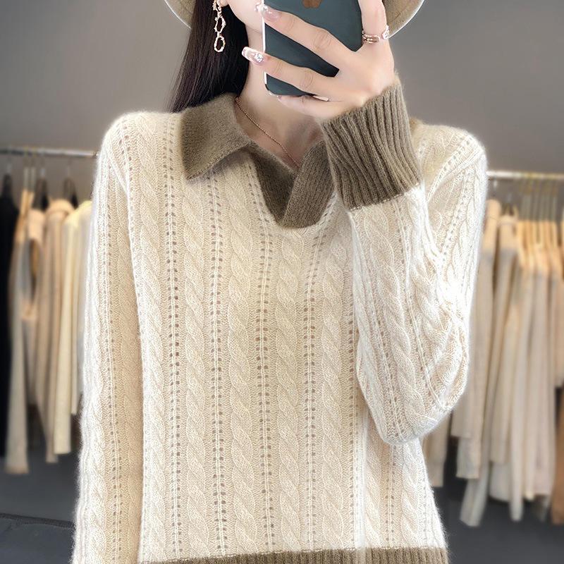 Women's V-Neck Color Block Wool Sweater - Autumn/Winter 2024, Thick Cable Knit, Short Sleeve