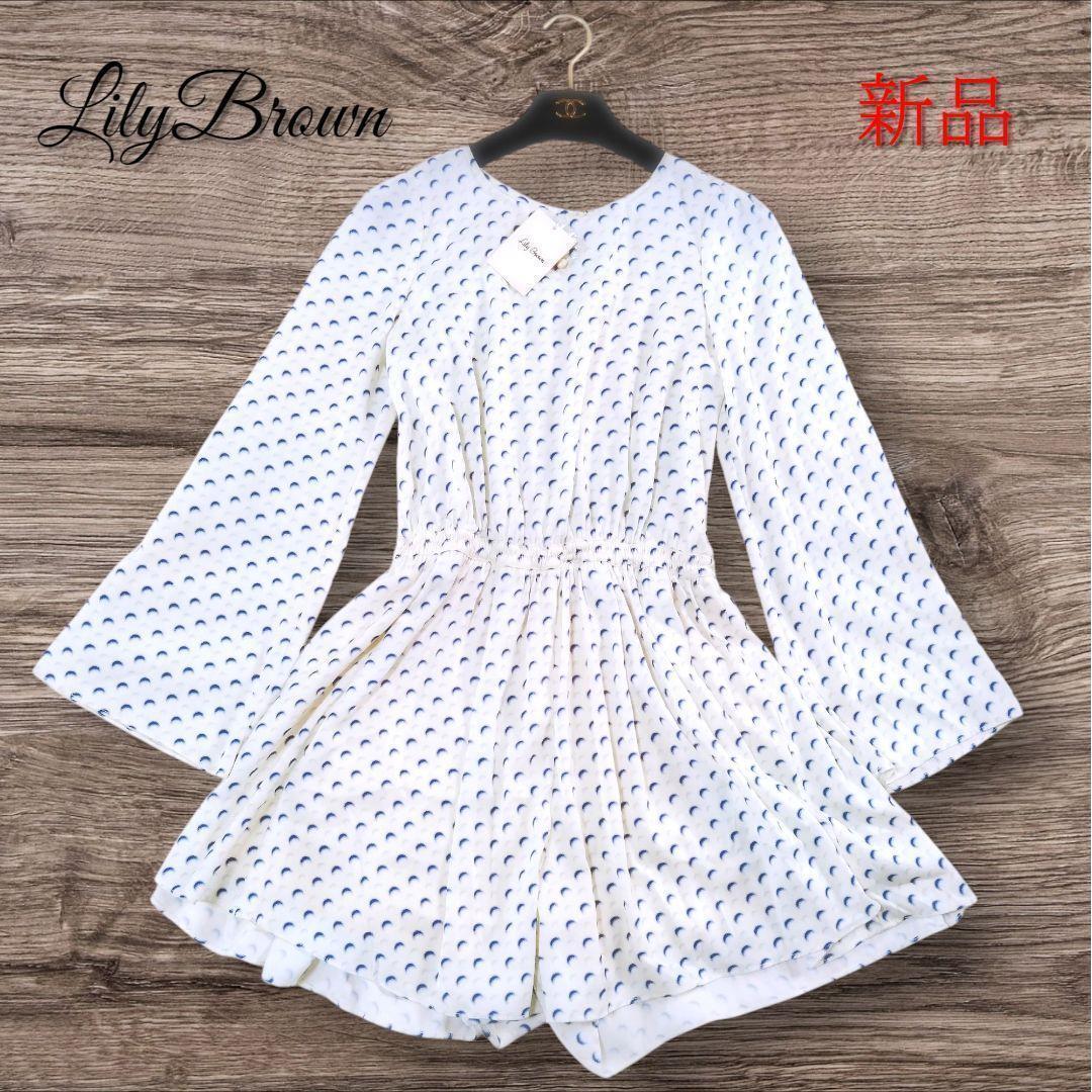 [New] Lily Brown Short Ruffle All-in-One Culottes Dot Pattern Long Sleeve M Lily Brown White x Blue Spring/Summer Coordination