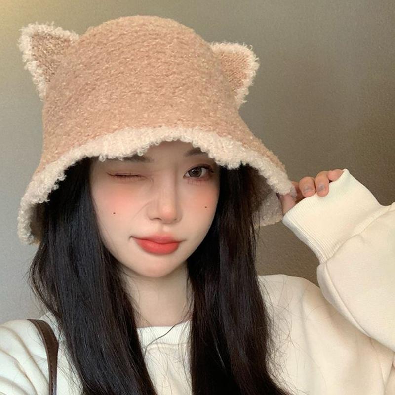 1Pieces Bucket Hat Cute Cat Ear Wool Autumn And Winter Warm Chic Knitted Hat For Women Mountaineering Scarf